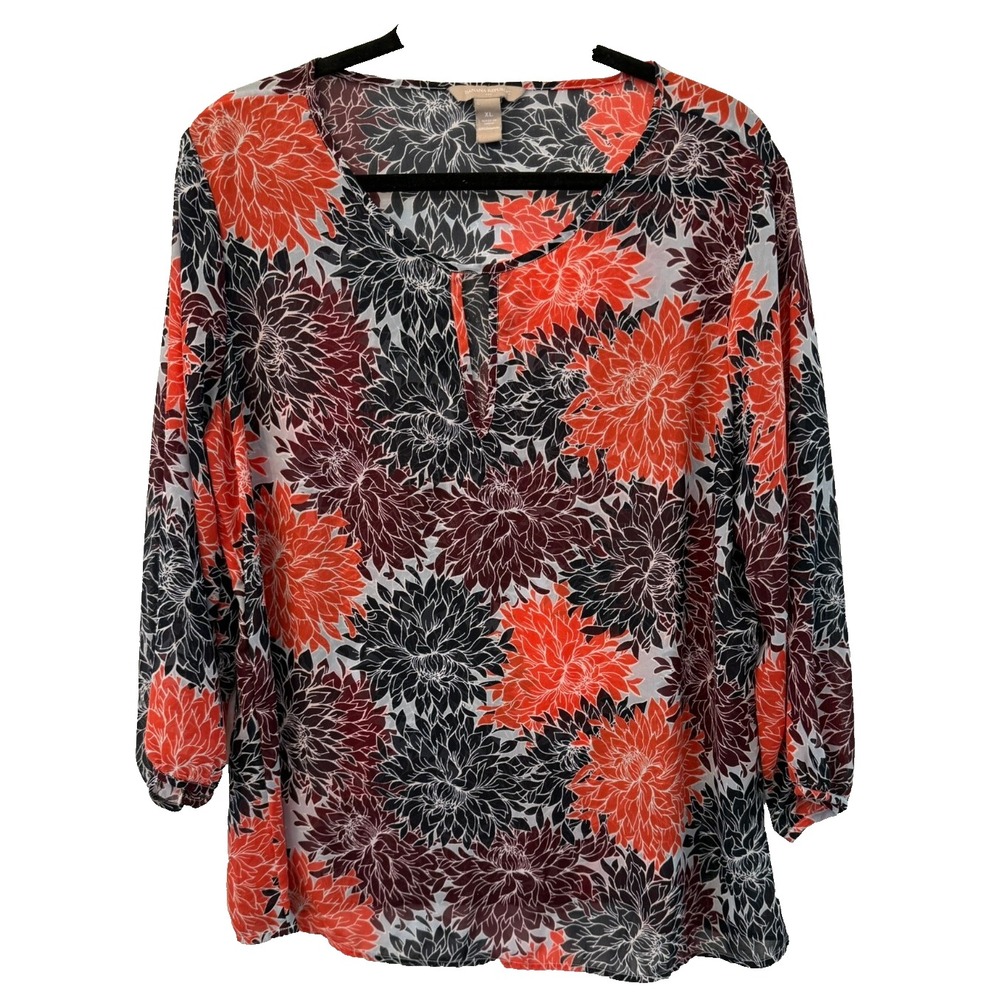 Banana Republic Women's Sz XL Floral Sheer 3/4 Sleeve Tunic Blouse Career Office